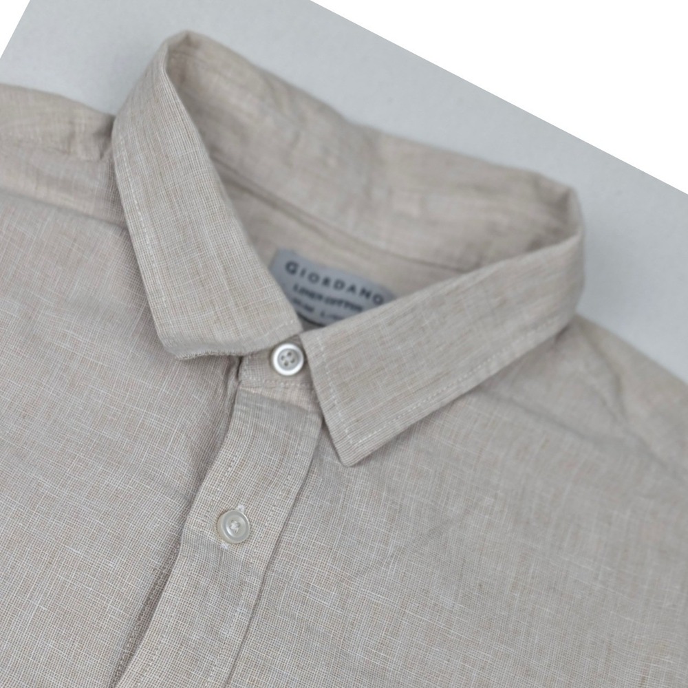 Giordano Mens Slim Fit Linen Cotton Blend Long Sleeve Button Down Shirt Beige L